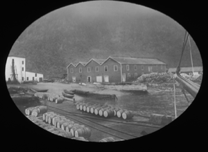 Image of Large frame buildings. Barrels on dock